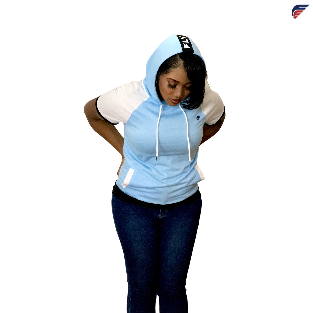 Women's Maya Blue and White Fly Evolution Short Sleeve Hoodie