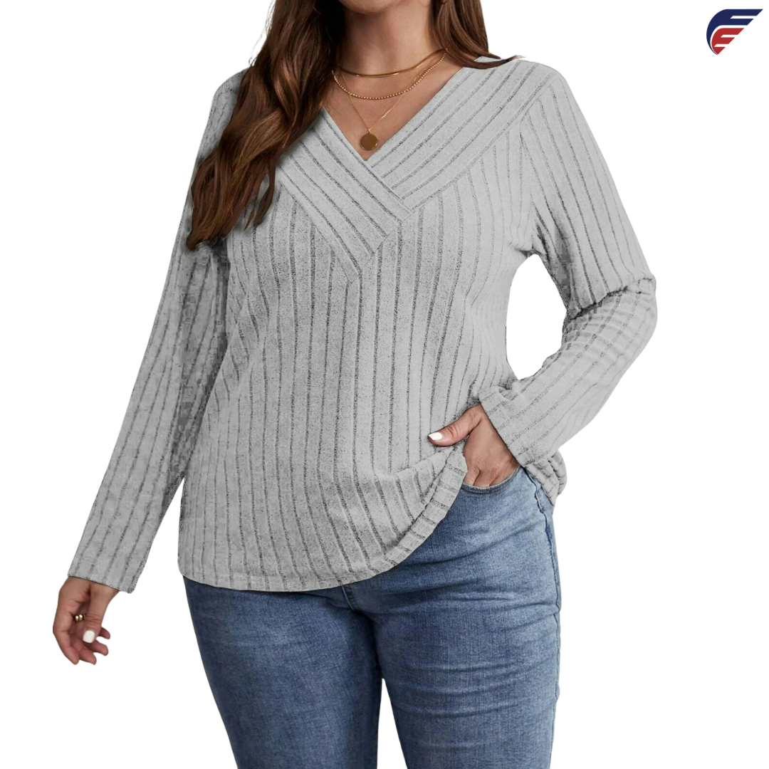 Gray and Burgundy Long Sleeve V - Neck Knitted Shirt