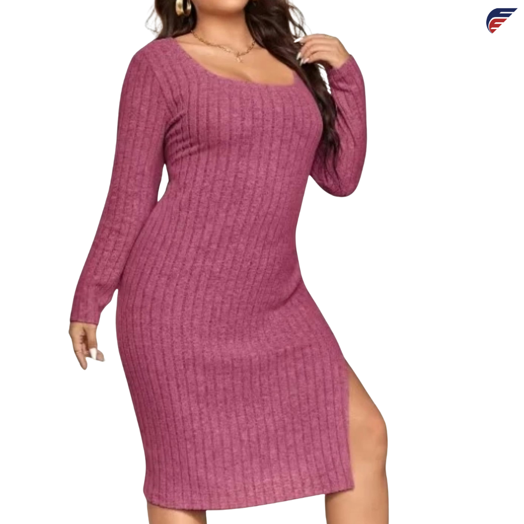 Gray and Rose Red Long Sleeve Knitted Dress with Side Slit and U-Neck Collar