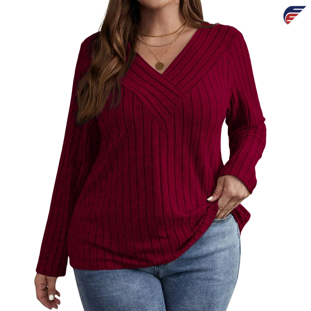 Gray and Burgundy Long Sleeve V - Neck Knitted Shirt
