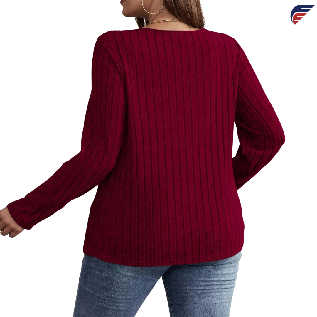 Gray and Burgundy Long Sleeve V - Neck Knitted Shirt