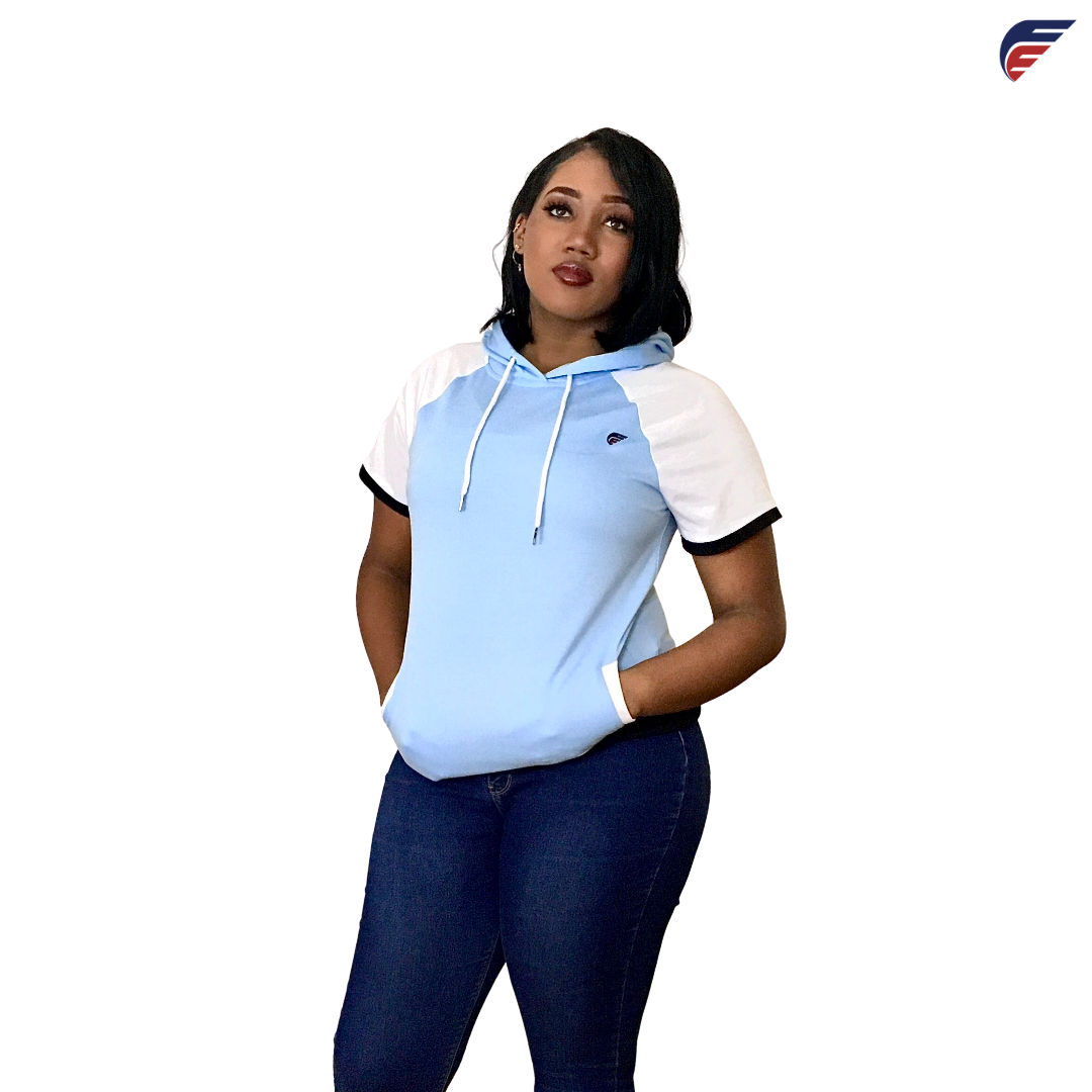 Women's Maya Blue and White Fly Evolution Short Sleeve Hoodie