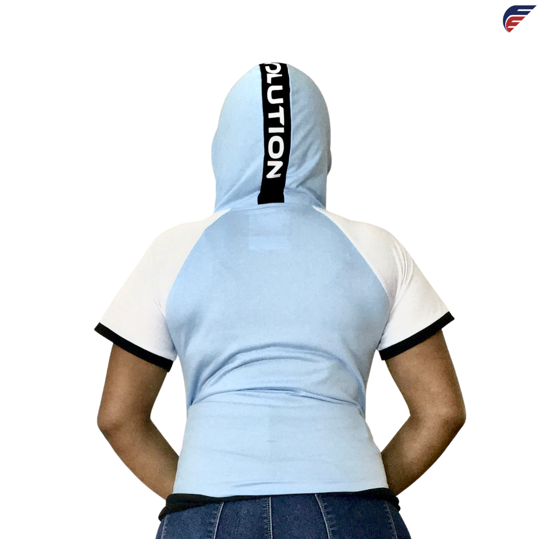 Women's Maya Blue and White Fly Evolution Short Sleeve Hoodie