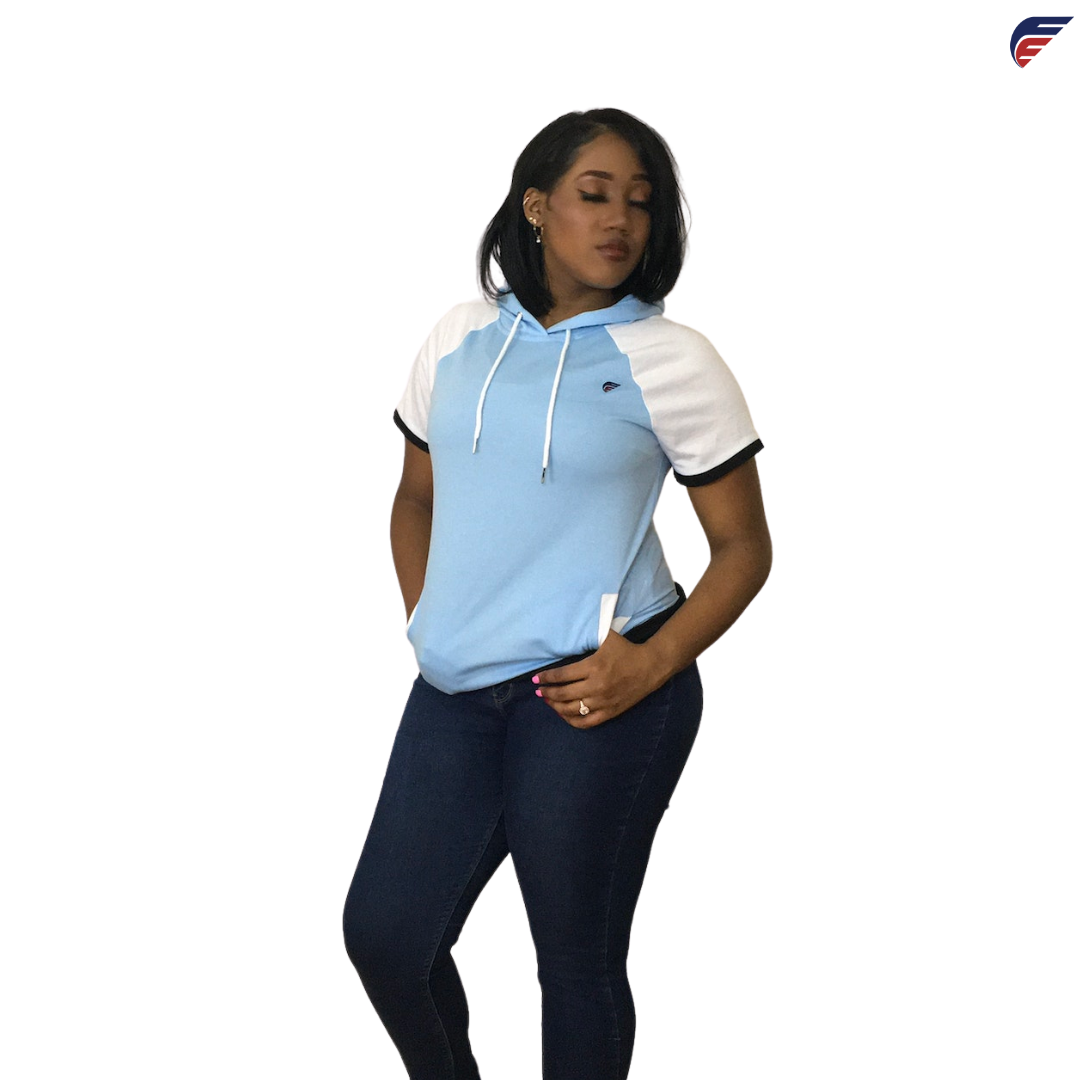 Women's Maya Blue and White Fly Evolution Short Sleeve Hoodie