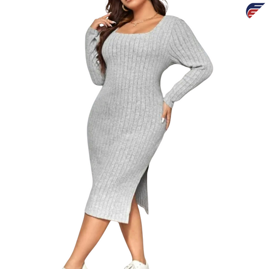 Gray and Rose Red Long Sleeve Knitted Dress with Side Slit and U-Neck Collar