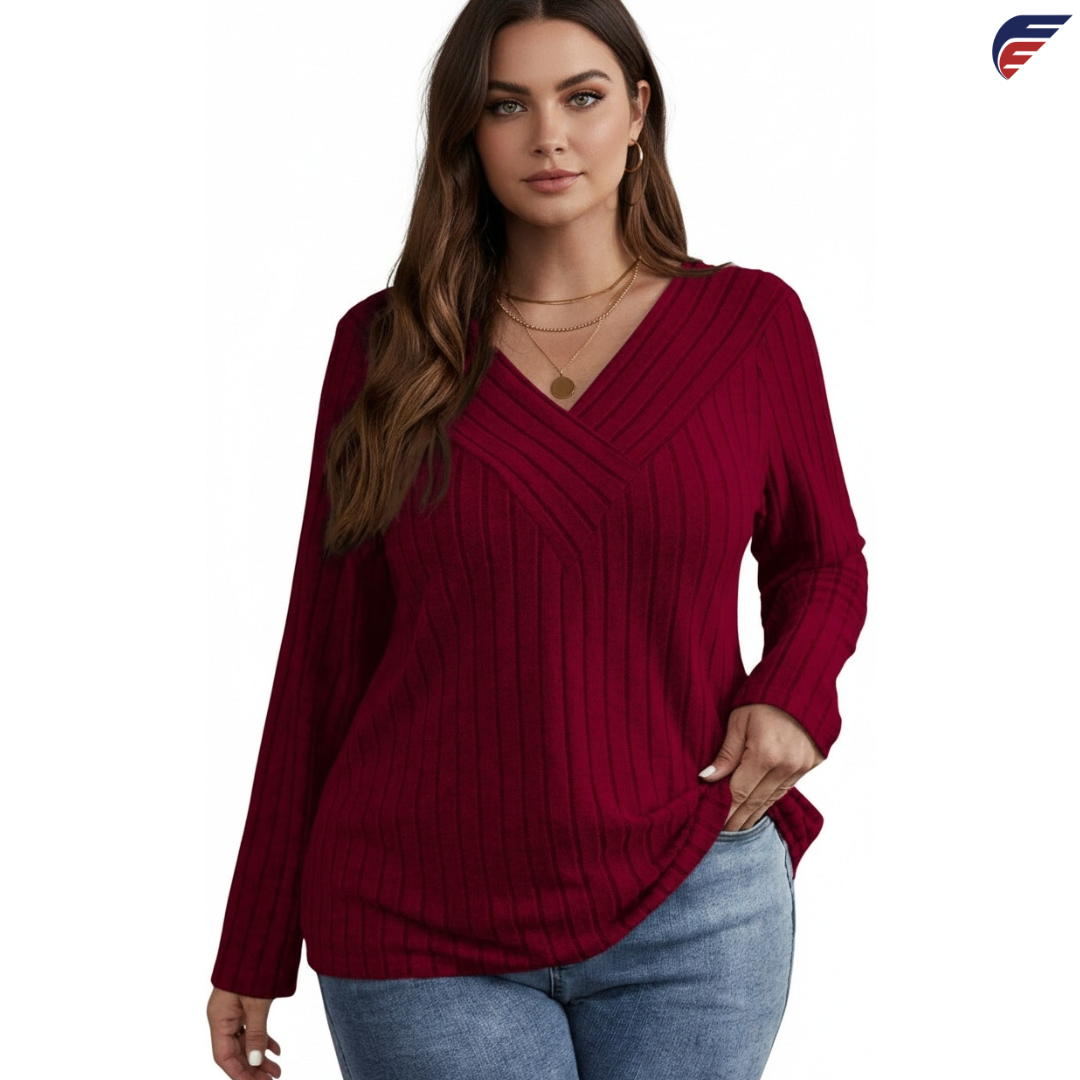 Gray and Burgundy Long Sleeve V - Neck Knitted Shirt