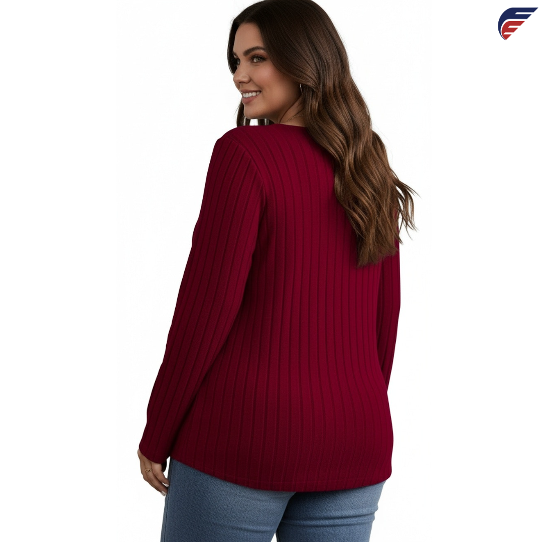 Gray and Burgundy Long Sleeve V - Neck Knitted Shirt