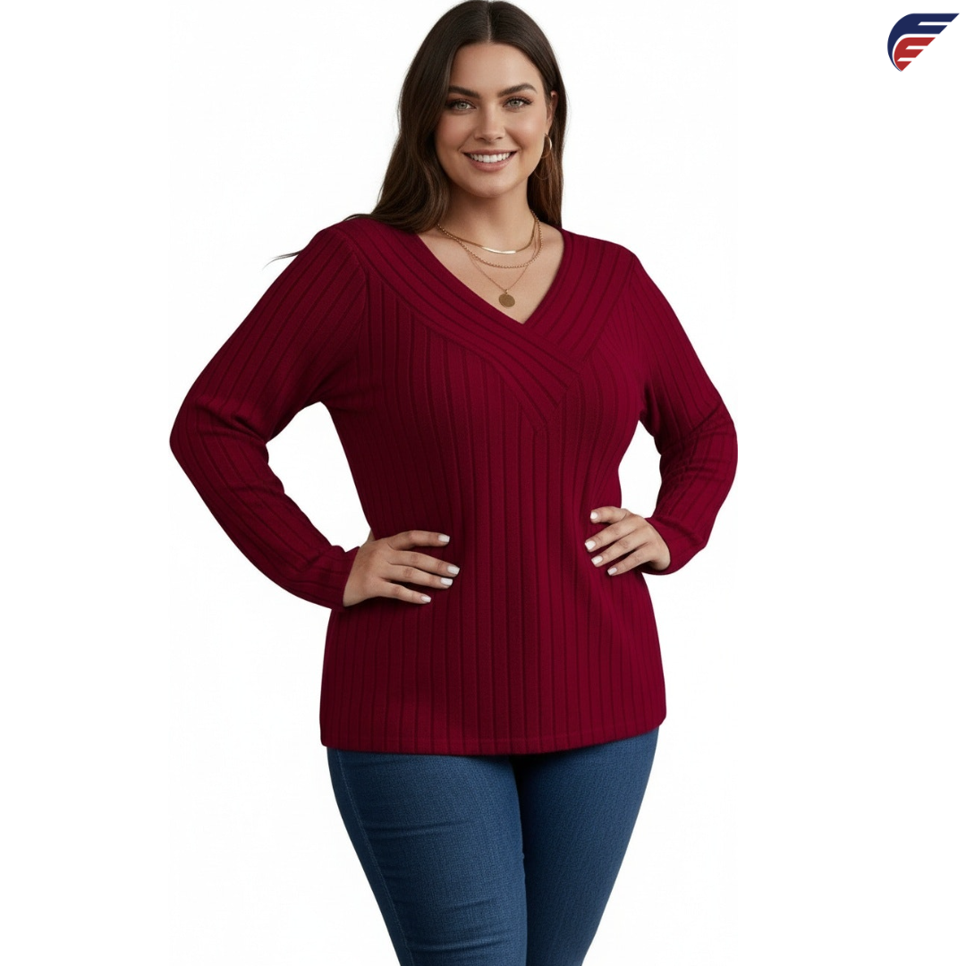 Gray and Burgundy Long Sleeve V - Neck Knitted Shirt