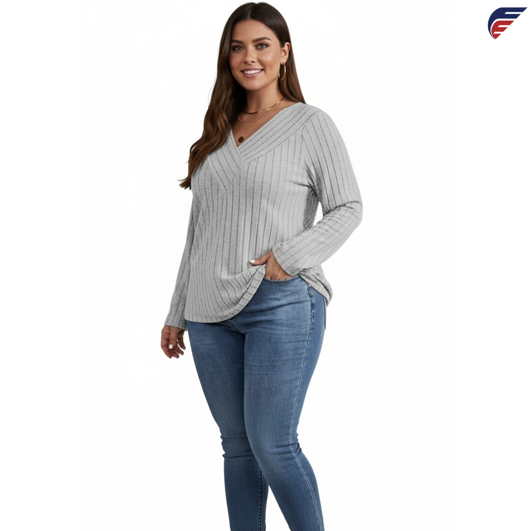 Gray and Burgundy Long Sleeve V - Neck Knitted Shirt