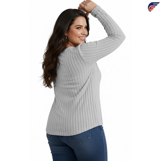 Gray and Burgundy Long Sleeve V - Neck Knitted Shirt