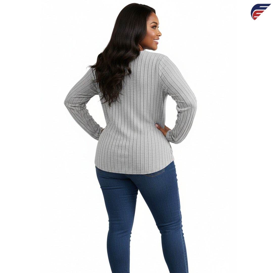 Gray and Burgundy Long Sleeve V - Neck Knitted Shirt