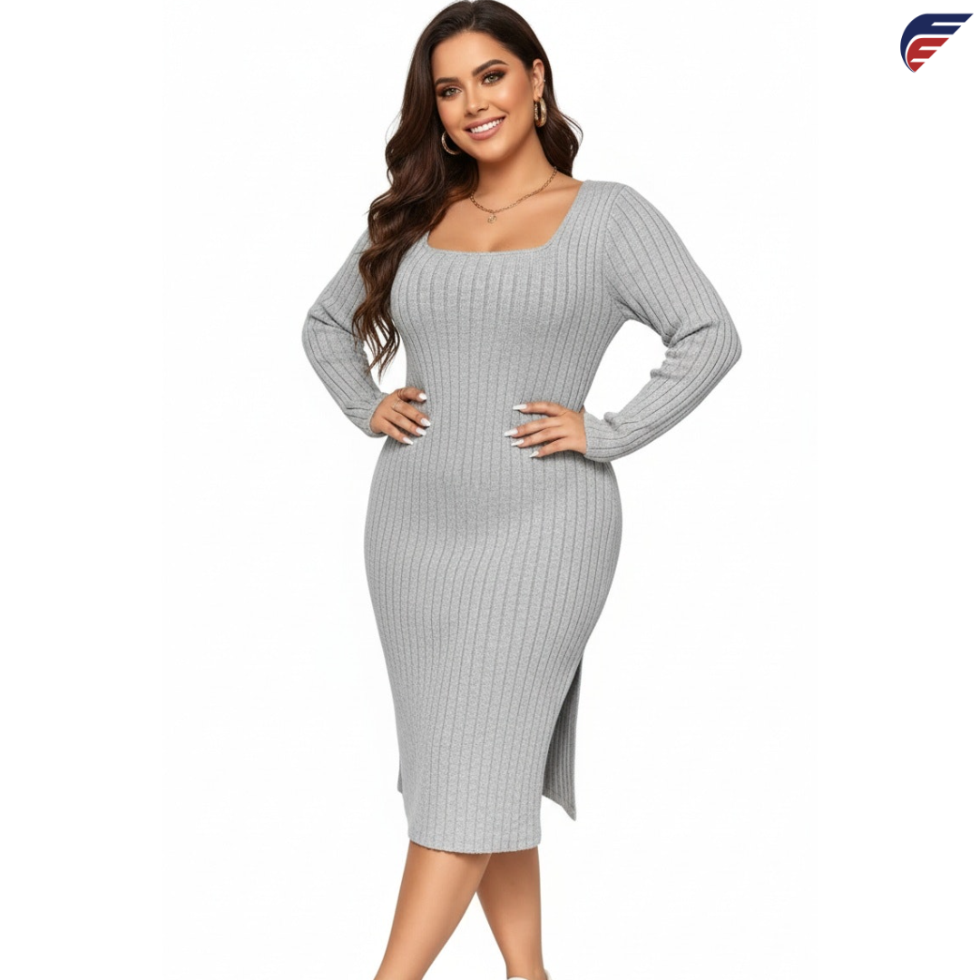 Gray and Rose Red Long Sleeve Knitted Dress with Side Slit and U-Neck Collar