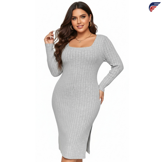 Gray and Rose Red Long Sleeve Knitted Dress with Side Slit and U-Neck Collar