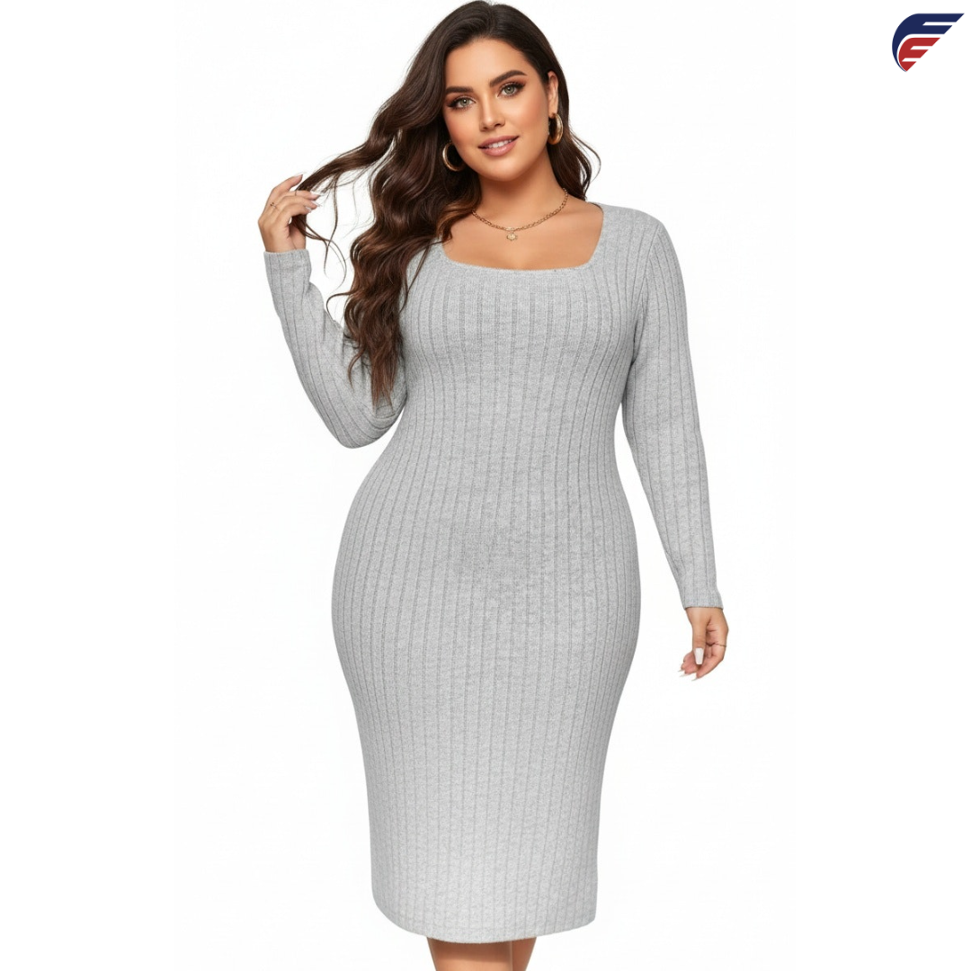 Gray and Rose Red Long Sleeve Knitted Dress with Side Slit and U-Neck Collar