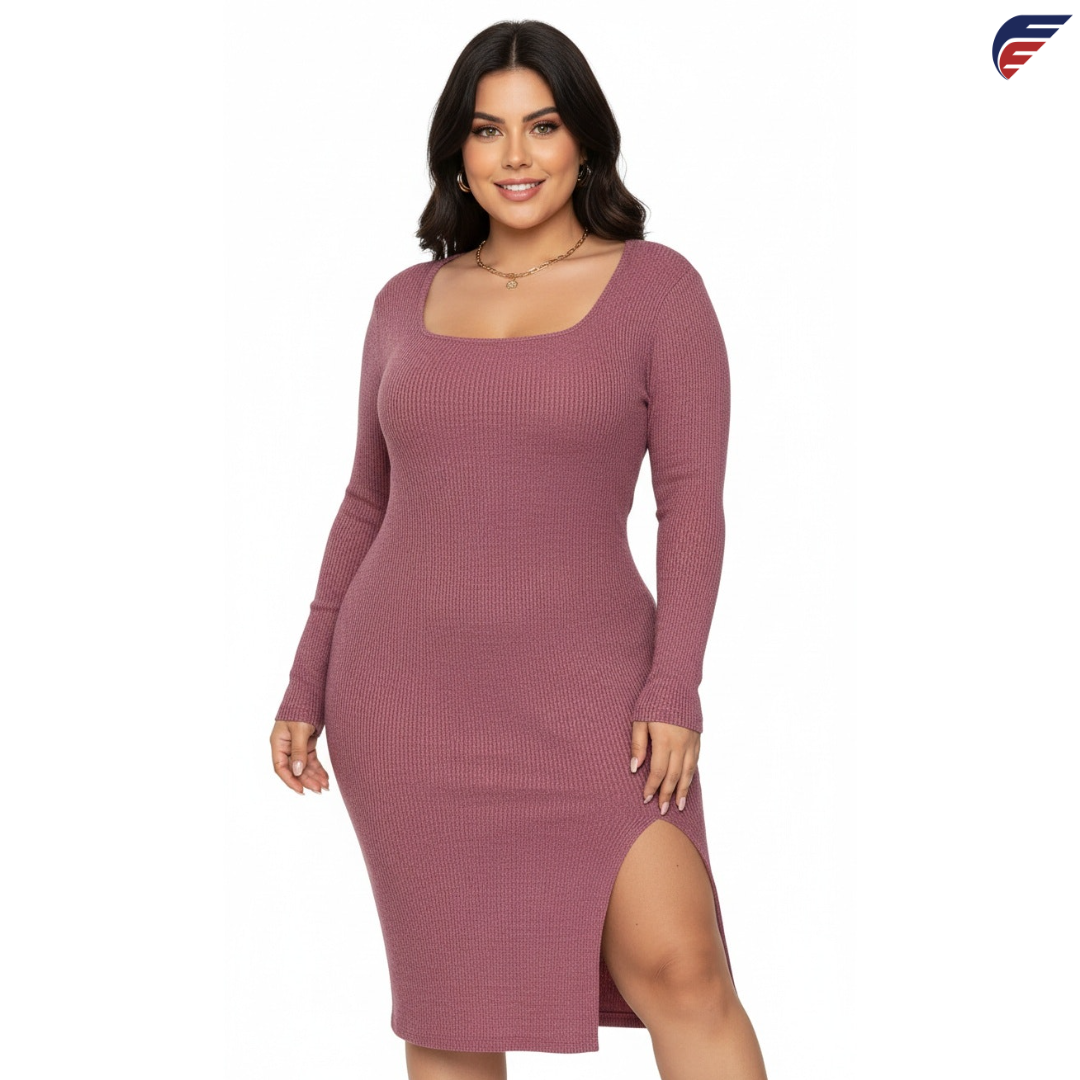 Gray and Rose Red Long Sleeve Knitted Dress with Side Slit and U-Neck Collar