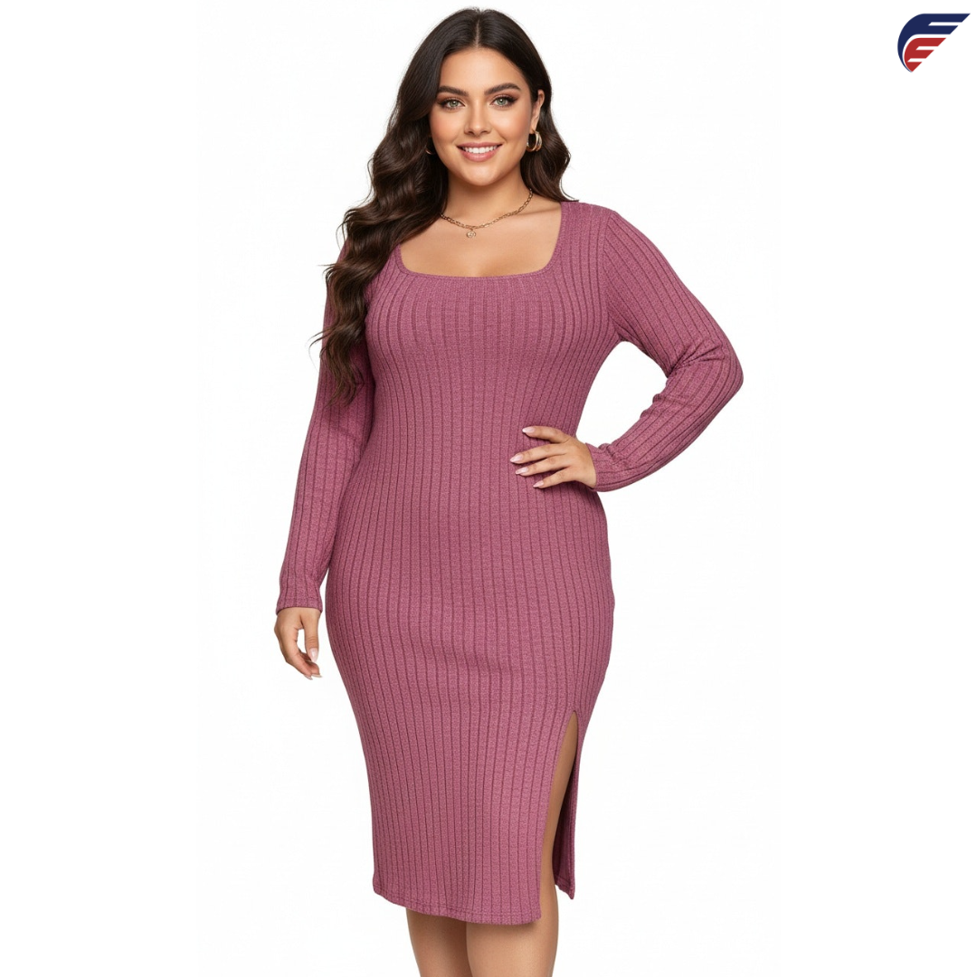 Gray and Rose Red Long Sleeve Knitted Dress with Side Slit and U-Neck Collar