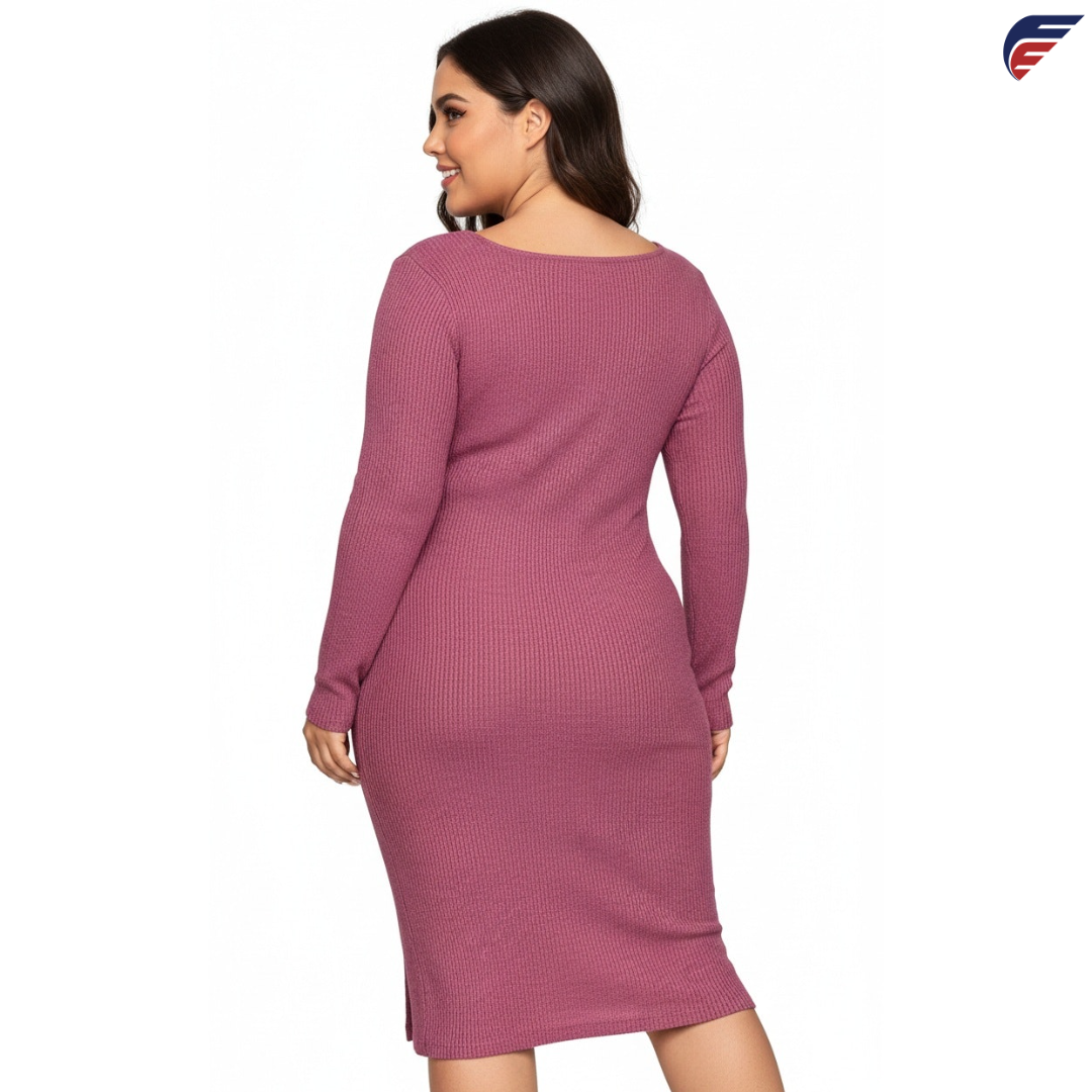 Gray and Rose Red Long Sleeve Knitted Dress with Side Slit and U-Neck Collar